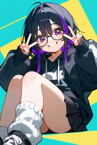 score_9_up,score_8_up, source_anime, 1girl, black hair, purple highlights, white leg warmers, big hoodie, eye_narrowed, big smile, showing teeth, black skirt, bulky glasses, peace signing