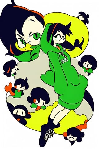 1 girl, 2D, dynamic, black hair, white leg warmers, big hoodie, bulky glasses, green hoodie