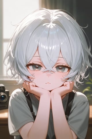 score_9_up,score_8_up, source_anime, 1girl,white hair,short hair,crossed bangs,grey shirt,,narrowed eyes, puppy eyes, face in the camera 