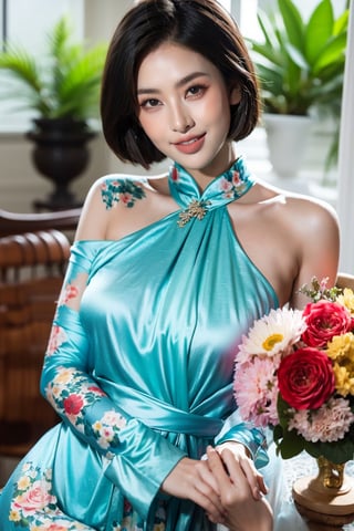 masterpiece, best quality, 1girl, solo, short hair, black hair, big breasts, indoors, floral print, table, plant, red ao dai, smile, holding hands, Young beauty spirit, pure white Ao dai,