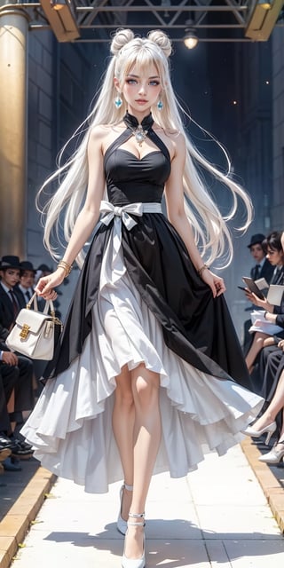 long hair, breasts, looking at viewer, smile, bangs, multiple girls, blonde hair, black hair, dress, holding, cleavage, bare shoulders, jewelry, medium breasts, sitting, standing, full body, white hair, earrings, multiple boys, sleeveless, bag, hair bun, black dress, high heels, double bun, sleeveless dress, halterneck, formal, cleavage cutout, white footwear, crossed legs, suit, handbag