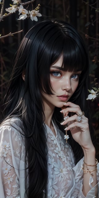 1girl, solo, long hair, looking at viewer, bangs, black hair, long sleeves, jewelry, upper body, flower, hand up, blunt bangs, black eyes, bracelet, lips, white flower, realistic, branch