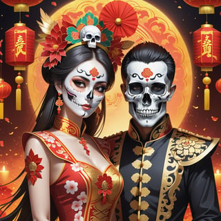 (Masterpiece, Best Quality: 1.5), Kandinsky: 0.5, 32K 3D Golden Chinese New Year Papercraft, Alpacifista. Stunning skulls ((Skull and Bones Couple)), New Year's outfits, 32K quality, setting off (New Year's firecrackers), many (New Year's firecrackers), 32K quality close-ups, exquisite details, very high-definition CG illustrations, sharp Background, Mysticism, (Magic), 32K Quality Couple Close-up, 32K, 32K (Beautifully Detailed Face and Fingers), (Five Fingers) on Each Hand, Creative Fantasy Glow Effect,