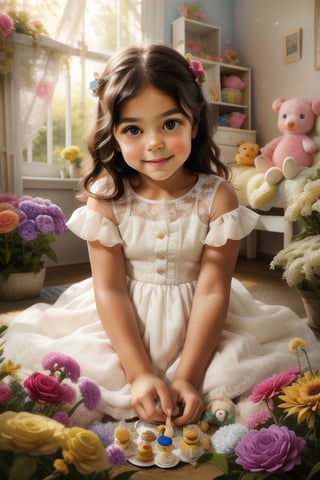  A young girl in a white dress, playing tea party with her stuffed animals and dolls, surrounded by a colorful garden of flowers. Oil painting style inspired by Mary Cassatt and Berthe Morisot. Vivid colors and intricate details bring the scene to life. Long shot perspective adds depth to the painting. Studio lighting captures every brush stroke and texture in this charming piece of art.