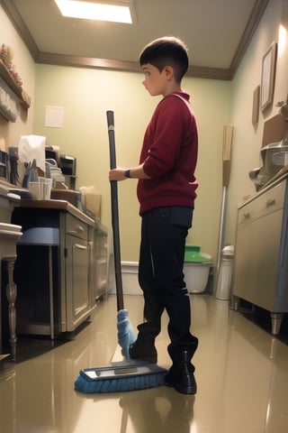 Realistic oil painting of a young boy with a red bottom, holding a broom and mop in a clean room, by Norman Rockwell style, intricate details, vibrant colors, studio lighting