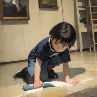  Highly detailed oil painting of a preteen boy scrubbing the floor on his knees, depicting e brush strokes and lighting by Vincent Van Gogh, Johannes Vermeer or Rembrandt. The emotional intensity in this piece captures the viewer's attention and evokes a sense of emharsh parenting and child labor, realistic style with intricatpathy.