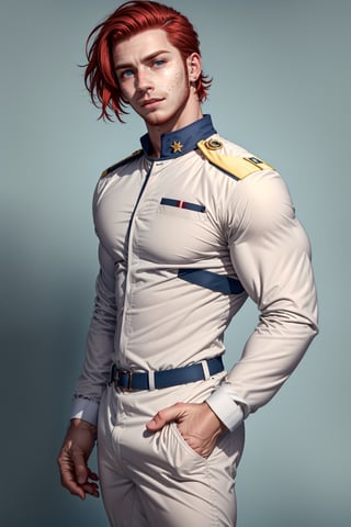 1man, ((circle background)), no_beard, short_red_hair, modern_hair, fauxhawk_hair, faded_hair, fair_skin, pale_skin, freckles, handsome, clean, pale_blue_eyes, white_uniform,1guy