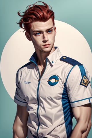 1man, ((circle background)), no_beard, short_red_hair, modern_hair, fauxhawk_hair, faded_hair, fair_skin, pale_skin, freckles, handsome, clean, pale_blue_eyes, white_uniform,1guy