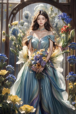 1girl, solo, long hair,masterpiece, best quality, 1girl, cowboy shot, long hair, hair ornament, medium breasts, idol clothes, red dress, bare shoulders, sleeveless, wrist cuffs, detached sleeves, idolmaster, earrings, blue choker((huge flower)), (((Platycodon grandiflorum flower))),((( looking at viewer))), bangs, , , hair flower, colorful dress, , (((colorful flowers))),Fantasy World,, hanfuandflower,better_hands,giant_flower,1 GIRL