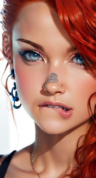 1girl, solo, looking at viewer, jewelry, red hair, blue eyes, earrings, , ear piercing, realistic,  lip piercing,pandora, hazy background 