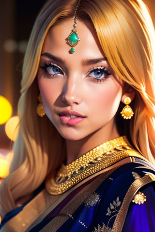 An incredibly beautiful young femme fatale is a golden-haired blonde with two bunches on her head and two long tails, blue-eyed, dressed in a traditional white saree. Masterpiece, perfect image, realistic shots, detailed study of the face, full-length image, 8k, detailed image. extremely detailed illustration, a real masterpiece of the highest quality, with careful drawing. ,sailor moon,indian,serena tsukino,Indian dress,sari,aausagi,Saree,saree