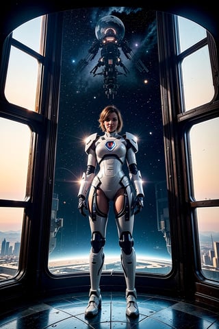 futuristic, sci-fi, outer space seen in window, 30 year old woman, brown wavy hair, detailed face, standing in spaceship next to panoramic window, seductive smile, wearing white mecha armour, photorealistic, wide angle, full body image