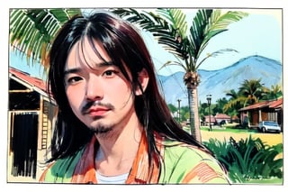 solo, looking at viewer, black hair, 1boy, closed mouth, upper body, male focus, Smooth Long Hair, aloha shirt, palm trees, sandy beach, traditional media, facing viewer, realistic, rnhg ,sketch art,watercolor,rha30,fujimotostyle, 