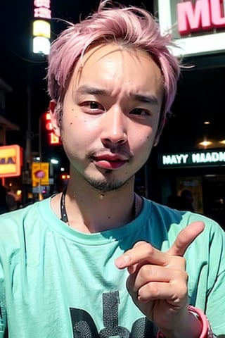 1boy, solo, brown eyes, lips, portrait,  wide forehead, rnhg , pastel pink hair, pastel green hair, messy style, oversized graphic t-shirt, choker, layered bracelets, vibrant city street, neon signs