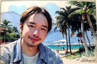 solo, looking at viewer, black hair, 1boy, closed mouth, upper body, male focus,, aloha shirt, palm trees, sandy beach, traditional media, facing viewer, realistic, rnhg ,sketch art,watercolor,rha30,fujimotostyle, (Thinning hair baldness)