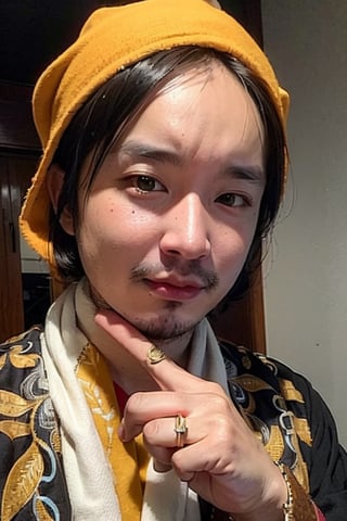 1boy, solo, brown eyes, lips, portrait,  wide forehead, rnhg , yellow headscarf, traditional attire, embroidered robe, ornate jewelry, rings, cultural, exotic, historical, regal, vibrant colors, ceremonial