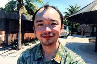 solo, looking at viewer, black hair, 1boy, closed mouth, upper body, male focus,, aloha shirt, palm trees, sandy beach, traditional media, facing viewer, realistic, rnhg ,sketch art,watercolor,rha30,fujimotostyle, (Thinning hair baldness)