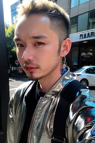 1boy, solo, brown eyes, lips, portrait,  wide forehead, rnhg , platinum blonde hair, sleek undercut, metallic bomber jacket, fingerless gloves, bold earrings, high-tech cityscape