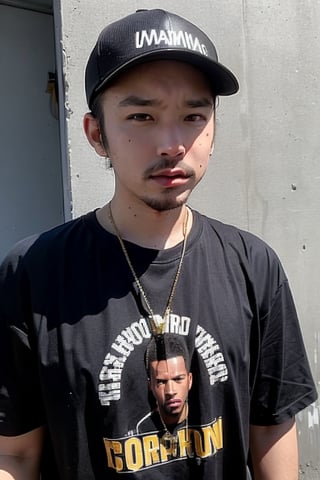 1boy, solo, brown eyes, lips, portrait, rnhg, Hip Hop, Graphic T-shirt, Gold Chains, Baseball Cap, Urban Graffiti Background, Confident Pose, Street Art