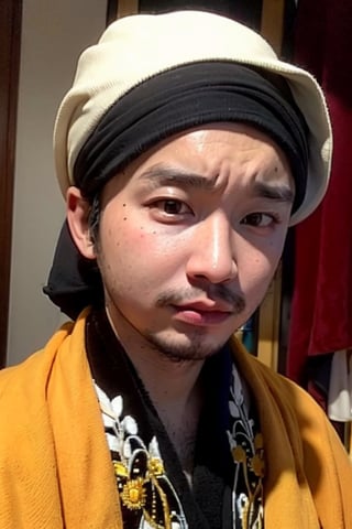 1boy, solo, brown eyes, lips, portrait,  wide forehead, rnhg , yellow headscarf, traditional attire, embroidered robe, ornate jewelry, rings, cultural, exotic, historical, regal, vibrant colors, ceremonial