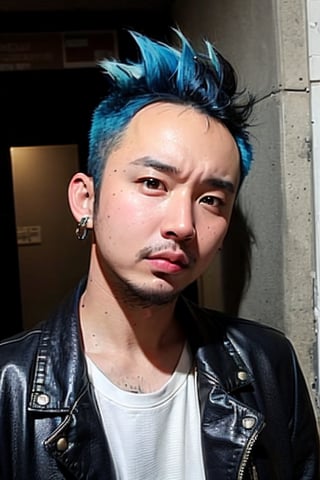 1boy, solo, brown eyes, lips, portrait,  wide forehead, rnhg , neon blue hair, dramatic mohawk, black leather jacket, colorful patches, studs, bold rings, nose piercing, graffiti-covered alleyway