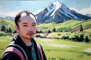 solo, looking at viewer, black hair, 1boy, closed mouth, upper body, male focus, summit, landscape, mountain range, clear sky,  backpack, windbreaker, traditional media, facing viewer, realistic, rnhg ,sketch art,watercolor,rha30,fujimotostyle, (Thinning hair baldness)