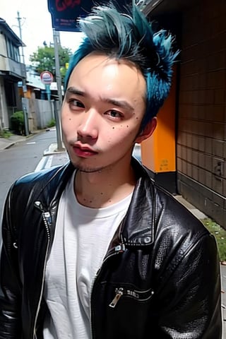 1boy, solo, brown eyes, lips, portrait,  wide forehead, rnhg , neon blue hair, dramatic mohawk, black leather jacket, colorful patches, studs, bold rings, nose piercing, graffiti-covered alleyway