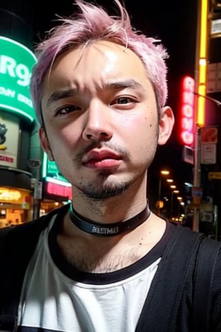 1boy, solo, brown eyes, lips, portrait,  wide forehead, rnhg , pastel pink hair, pastel green hair, messy style, oversized graphic t-shirt, choker, layered bracelets, vibrant city street, neon signs