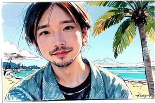 solo, looking at viewer, black hair, 1boy, closed mouth, upper body, male focus,, aloha shirt, palm trees, sandy beach, traditional media, facing viewer, realistic, rnhg ,sketch art,watercolor,rha30,fujimotostyle, 