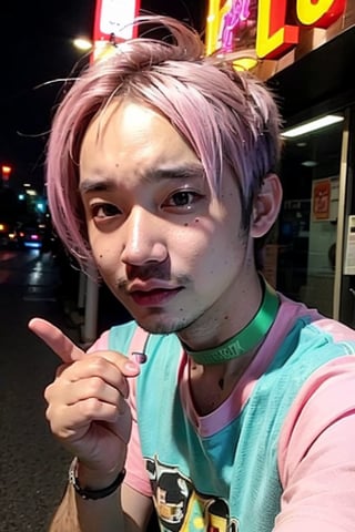 1boy, solo, brown eyes, lips, portrait,  wide forehead, rnhg , pastel pink hair, pastel green hair, messy style, oversized graphic t-shirt, choker, layered bracelets, vibrant city street, neon signs