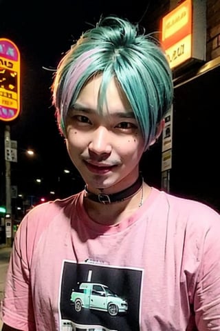 1boy, solo, brown eyes, lips, portrait,  wide forehead, rnhg , pastel pink hair, pastel green hair, messy style, oversized graphic t-shirt, choker, layered bracelets, vibrant city street, neon signs