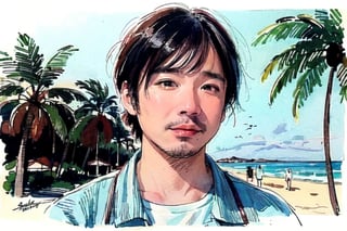 solo, looking at viewer, black hair, 1boy, closed mouth, upper body, male focus,, aloha shirt, palm trees, sandy beach, traditional media, facing viewer, realistic, rnhg ,sketch art,watercolor,rha30,fujimotostyle, 