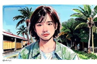 solo, looking at viewer, black hair, 1boy, closed mouth, upper body, male focus,, aloha shirt, palm trees, sandy beach, traditional media, facing viewer, realistic, rnhg ,sketch art,watercolor,rha30,fujimotostyle, 