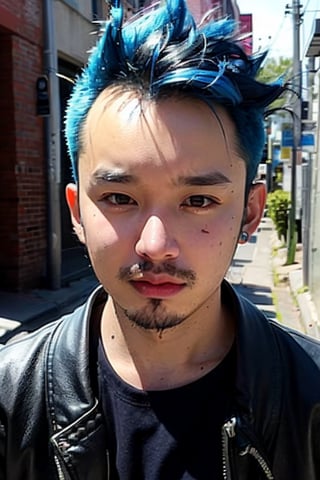 1boy, solo, brown eyes, lips, portrait,  wide forehead, rnhg , neon blue hair, dramatic mohawk, black leather jacket, colorful patches, studs, bold rings, nose piercing, graffiti-covered alleyway