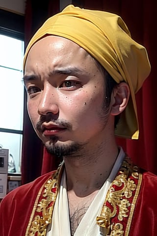 1boy, solo, brown eyes, lips, portrait,  wide forehead, rnhg , yellow headscarf, traditional attire, embroidered robe, ornate jewelry, rings, cultural, exotic, historical, regal, vibrant colors, ceremonial