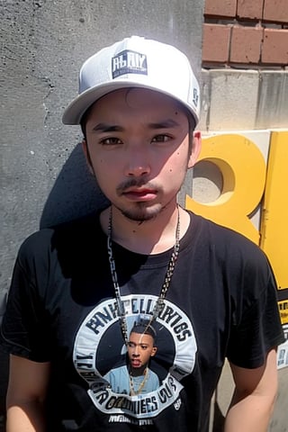 1boy, solo, brown eyes, portrait, rnhg, Hip Hop, Graphic T-shirt, Gold Chains, Baseball Cap, Urban Graffiti Background, Confident Pose, Street Art