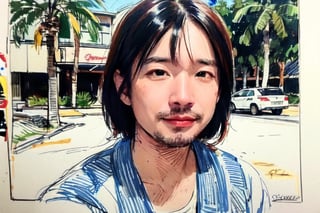 solo, looking at viewer, black hair, 1boy, closed mouth, upper body, male focus,, aloha shirt, palm trees, sandy beach, traditional media, facing viewer, realistic, rnhg ,sketch art,watercolor,rha30,fujimotostyle, (Thinning hair baldness)