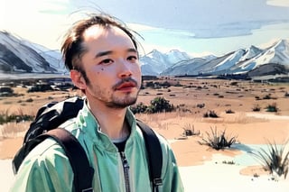 solo, looking at viewer, black hair, 1boy, closed mouth, upper body, male focus, summit, landscape, mountain range, clear sky,  backpack, windbreaker, traditional media, facing viewer, realistic, rnhg ,sketch art,watercolor,rha30,fujimotostyle, (Thinning hair baldness)