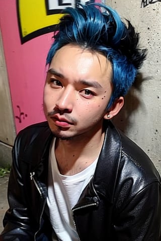 1boy, solo, brown eyes, lips, portrait,  wide forehead, rnhg , neon blue hair, dramatic mohawk, black leather jacket, colorful patches, studs, bold rings, nose piercing, graffiti-covered alleyway