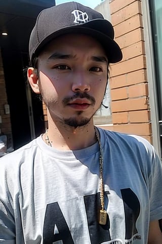 1boy, solo, brown eyes, lips, portrait, rnhg, Hip Hop, Graphic T-shirt, Gold Chains, Baseball Cap, Urban Graffiti Background, Confident Pose, Street Art