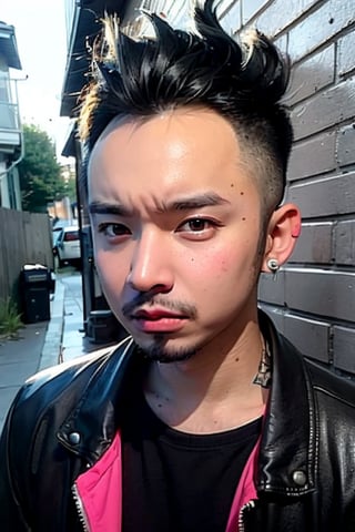 1boy, solo, brown eyes, lips, portrait,  wide forehead, rnhg , neon blue hair, dramatic mohawk, black leather jacket, colorful patches, studs, bold rings, nose piercing, graffiti-covered alleyway