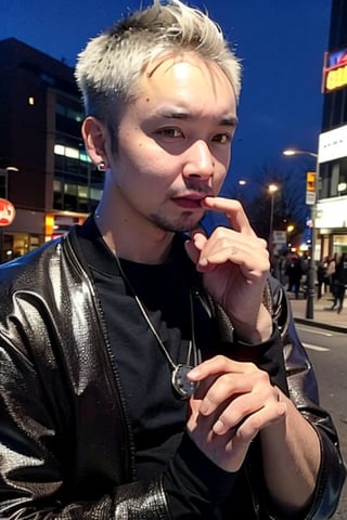 1boy, solo, brown eyes, lips, portrait,  wide forehead, rnhg , platinum blonde hair, sleek undercut, metallic bomber jacket, fingerless gloves, bold earrings, high-tech cityscape