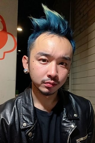 1boy, solo, brown eyes, lips, portrait,  wide forehead, rnhg , neon blue hair, dramatic mohawk, black leather jacket, colorful patches, studs, bold rings, nose piercing, graffiti-covered alleyway