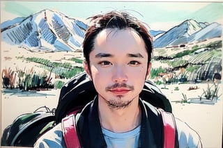 solo, looking at viewer, black hair, 1boy, closed mouth, upper body, male focus, summit, landscape, mountain range, clear sky,  backpack, windbreaker, traditional media, facing viewer, realistic, rnhg ,sketch art,watercolor,rha30,fujimotostyle, (Thinning hair baldness)