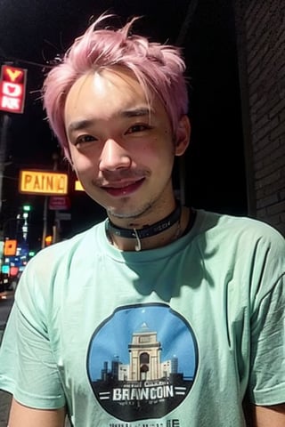 1boy, solo, brown eyes, lips, portrait,  wide forehead, rnhg , pastel pink hair, pastel green hair, messy style, oversized graphic t-shirt, choker, layered bracelets, vibrant city street, neon signs