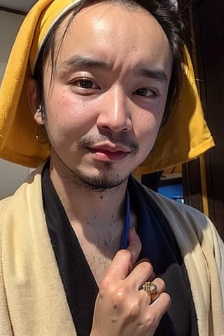 1boy, solo, brown eyes, lips, portrait,  wide forehead, rnhg , yellow headscarf, traditional attire, embroidered robe, ornate jewelry, rings, cultural, exotic, historical, regal, vibrant colors, ceremonial