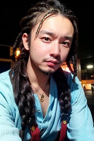 1boy, solo, brown eyes, lips, portrait, rnhg, ((Braided Dreadlocks)), Retro, Colorful Shirt, Gold Necklace, 70s Vibe, Funky, Disco Background