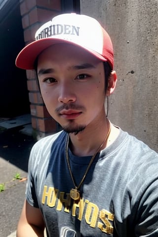 1boy, solo, brown eyes, lips, portrait, rnhg, Hip Hop, Graphic T-shirt, Gold Chains, Baseball Cap, Urban Graffiti Background, Confident Pose, Street Art