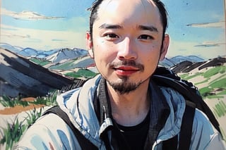 solo, looking at viewer, black hair, 1boy, closed mouth, upper body, male focus, summit, landscape, mountain range, clear sky,  backpack, windbreaker, traditional media, facing viewer, realistic, rnhg ,sketch art,watercolor,rha30,fujimotostyle, (Thinning hair baldness)