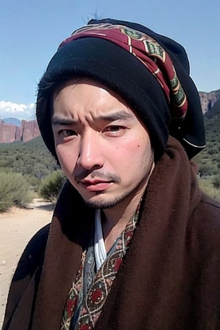 1boy, solo, brown eyes, lips, portrait,  wide forehead, rnhg , A man wearing a headscarf, traditional, cultural, ornate patterns, flowing robes, rich colors, intricate embroidery, desert, rugged, confident, timeless, ancient